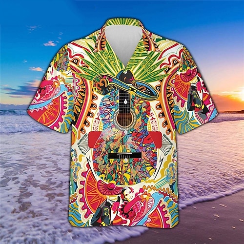 

Men's Shirt Summer Hawaiian Shirt Floral Graphic Prints Music Guitar Cuban Collar Green Outdoor Casual Short Sleeve Print Clothing Apparel Sports Fashion Streetwear Designer