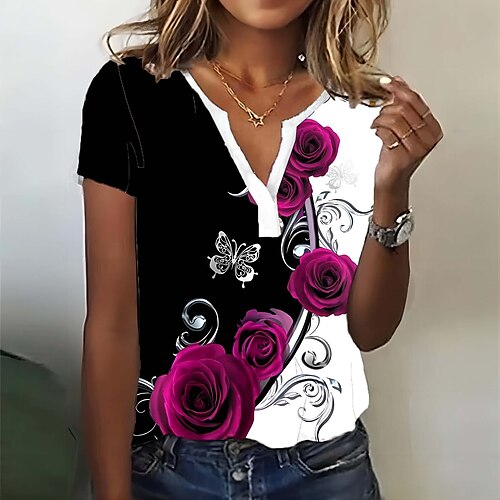 

T shirt Tee Femme Noir Rose Claire Violet Floral Papillon Imprimer Manche Courte Vacances Fin de semaine basique Col V Normal Standard Fleur Papillon Peinture S