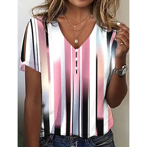 

Women's T shirt Tee Black White Pink Floral Striped Button Cut Out Short Sleeve Daily Weekend Basic V Neck Regular Painting S