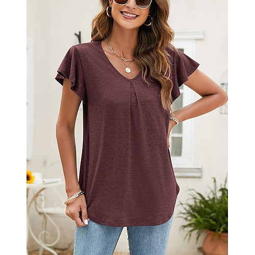 

Damen T Shirt Schwarz Dunkelrot Rote Glatt Kurzarm Täglich Wochenende Basic V Ausschnitt Standard S