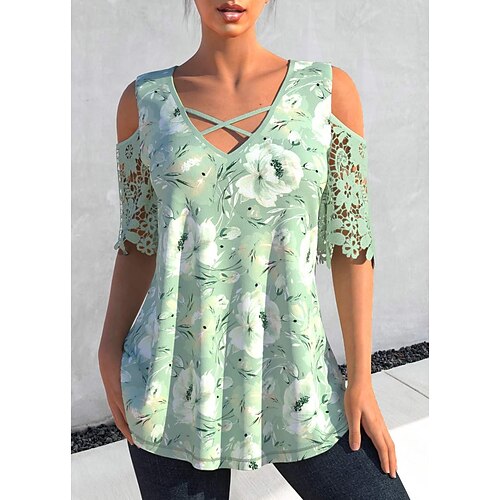 

Mulheres Camisa Social Saindo tops Blusa Tops de concerto Verde Floral Frente Única Com Corte Manga Curta Casual Feriado Básico Decote V Padrão Tema Flores S