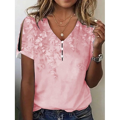 

Damen Hemd Bluse Weiß Rosa Grün Blumen Taste Ausgeschnitten Kurzarm Casual Festtage Basic V Ausschnitt Standard Blume S