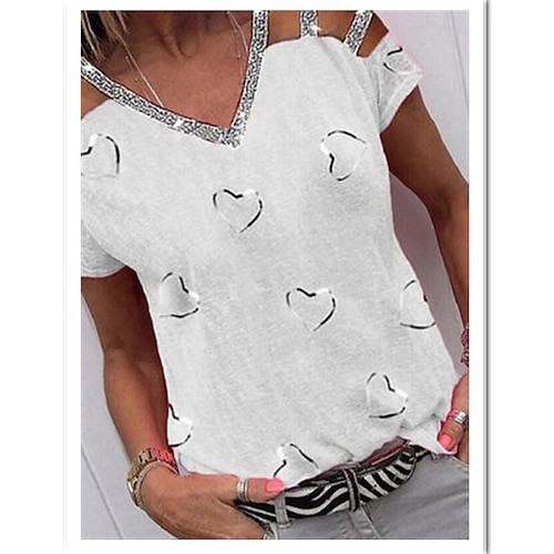 

Women's Shirt Blouse White Red Blue Heart Cut Out Print Short Sleeve Casual Basic V Neck Regular S