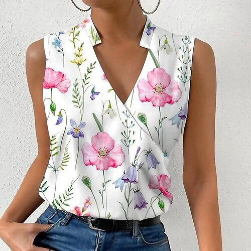 

Dames Singlet Geel Blozend Roze Grijs Bloemig Afdrukken Mouwloos Casual Feestdagen Modieus Basic Elegant V-hals Normale pasvorm Bloemen Thema Mouwloos