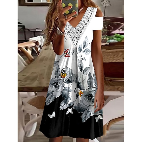 

Dame Uformell kjole Blonde kjole Sommerkjole Blomstret Blonde Lapper V-hals Midikjole Aktiv Mote utendørs Daglig Kortermet Løstsittende Svart Hvit Navyblå Sommer Vår S M L XL XXL