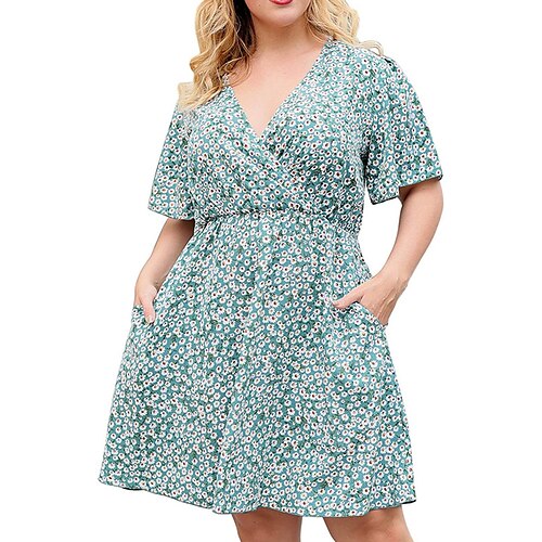 

Per donna Plus Size Abito casual Prendisole Abito linea A Floreale Mini abito Mezza manica Increspato Tasche A V Di tendenza Esterno Rosa Blu Estate Primavera L XL XXL 3XL 4XL
