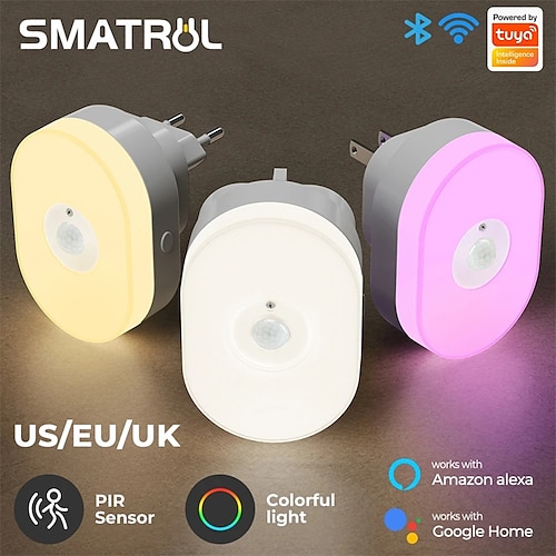 

wi-fi tuya luz noturna led inteligente sensor de movimento pir eu us uk plug in lâmpada de parede branco quente rgb quarto app voz para alexa google home