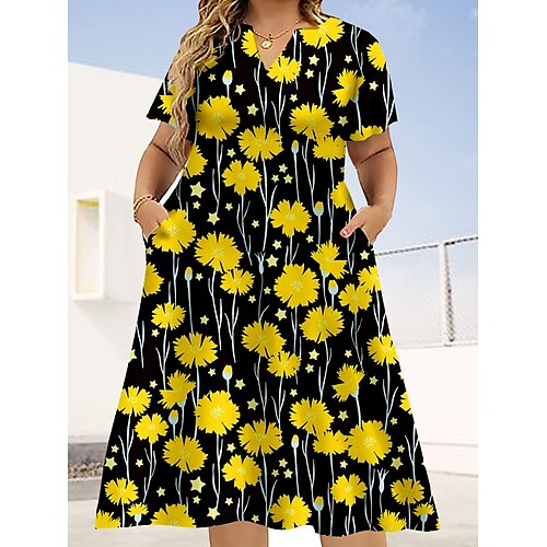 

Dame Store størrelser Uformell kjole Kjole med A-linje Blad Blomstret Midikjole Kortermet Trykt mønster V-hals Elegant Daglig Hvit Gul Sommer L XL XXL 3XL 4XL