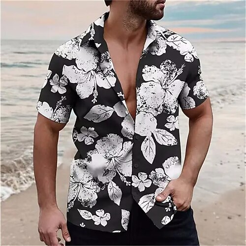 

Hombre Camisa camisa hawaiana Floral Estampados Cuello Vuelto Negro Exterior Calle Mangas cortas Estampado Ropa Moda Ropa de calle Design Suave