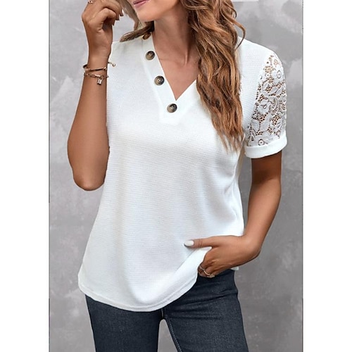 

Mulheres Camisa Social Blusa Branco Tecido Renda Botão Manga Curta Casual Básico Decote V Padrão S