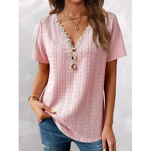 

Pull Maille Femme torsadé Tricoter Bouton Garniture en dentelle Couleur monochrome Col V mode Décontractées Extérieur du quotidien Manches courtes Eté Printemps Noir Rose Claire S M L