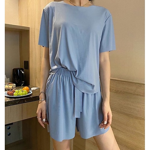 

Dame lounge Sett Ren farge Fritid Komfort Myk Hjem Daglig Feriereise Polyester Pustende Crew-hals Kortermet Shorts Elastisk midje Sommer Vår Svart Gul
