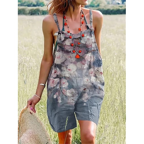 

Women's Overall Pocket Print Floral Square Neck Streetwear Daily Vacation Regular Fit Sleeveless Pink Navy Blue Royal Blue S M L Summer