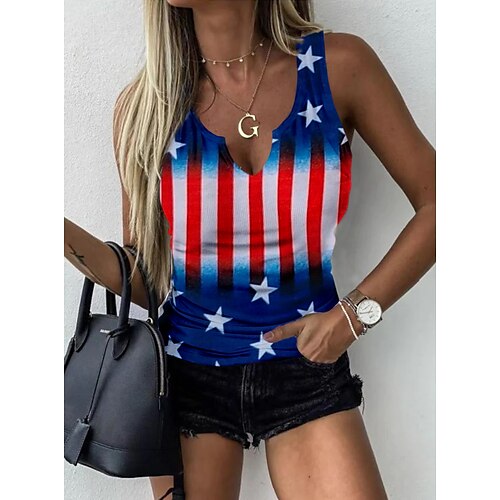 

Mulheres Malha Íntima Azul Bandeira americana Imprimir Sem Manga Casual Dia da Independência Básico Decote V Padrão S