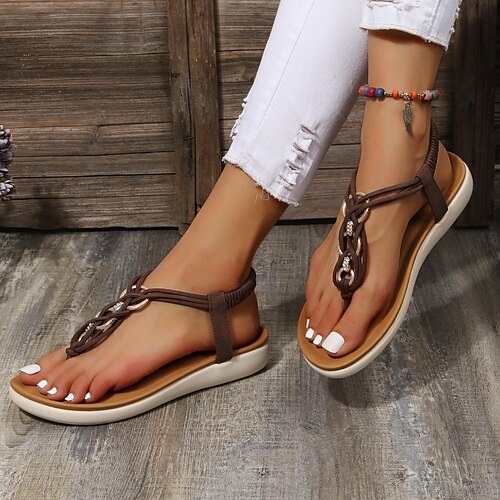 

Women's Sandals Boho Bohemia Beach Flip-Flops Braided Sandals Daily Beach Shoes And Bags Matching Sets Hollow Out Beading Flat Heel Open Toe Minimalism Faux Leather Elastic Band Solid Color Black