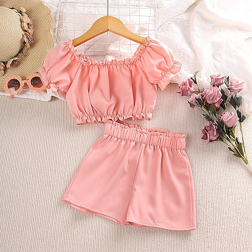 

2 deler Baby Jente Helfarge Shorts dress Sett Kortermet Aktiv Avslappet 3-7 år Sommer Rosa