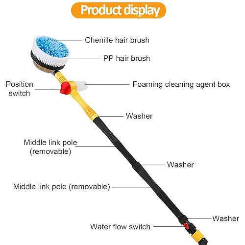 Car Wash Brush Cleaning Kit 360° Spin Car Mop Microfiber Car Cleaning Brush  Detachable Extendable Scrub Brush Garden Hose Spray Nozzle Spray Gun