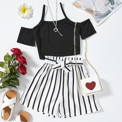 

2 Pieces Kids Girls' Geometric Tie Knot Tank Top & Shorts Set Set Short Sleeve Daily Casual 7-13 Years Summer Black White