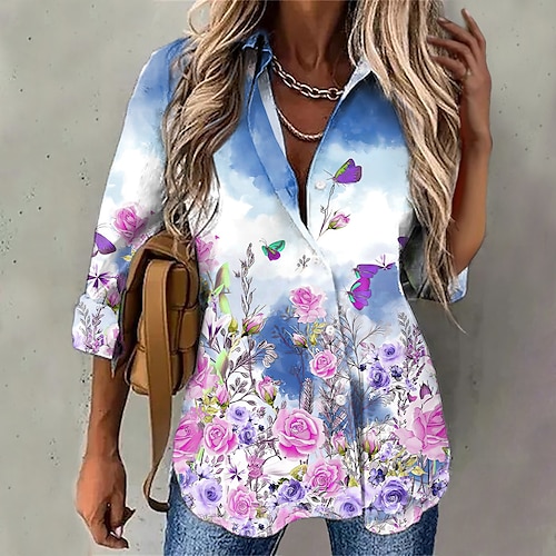 

Women's Shirt Blouse Pink Blue Purple Floral Button Print Long Sleeve Casual Holiday Basic Shirt Collar Regular Floral S