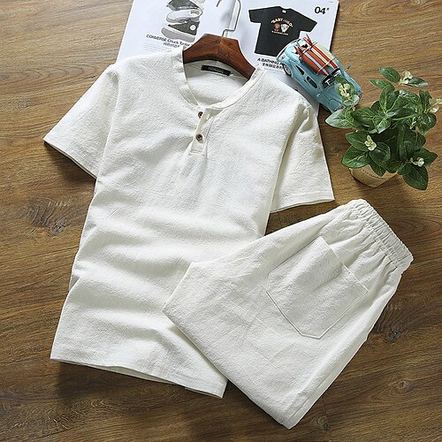 

Per uomo camicia di lino Camicia Completo di camicia Nero Bianco Blu Manica corta Liscio A V Primavera estate Hawaiano Per eventi Abbigliamento Tasche