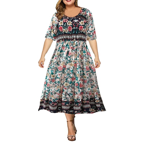 

Per donna Plus Size Abito casual vestito a flori Floreale Vestito longuette Manica corta Tasche Stampa Girocollo Di tendenza Esterno Arancione Verde Estate Primavera L XL XXL 3XL