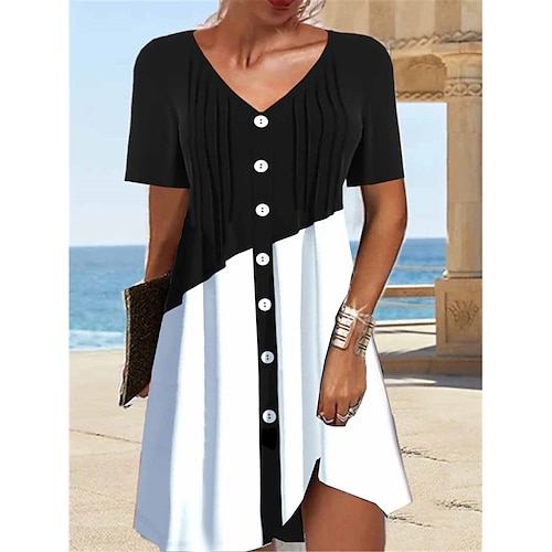 

Per donna Vestito casual Abito estivo Abito plissettato Color Block Increspato Pulsante A V Mini abito Di tendenza Moderno Esterno Giornaliero Manica corta Morbido Nero Estate Primavera S M L XL XXL