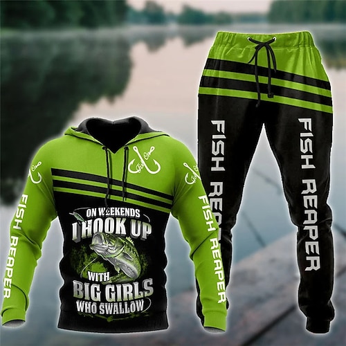 

Homme Ensemble Survetement Ensemble de sweats à capuche Vert Capuche Graphic Poissons 2 Pièces Imprimer Sport Loisir Casual Des sports 3D effet Vêtement de rue Design basique Printemps Automne