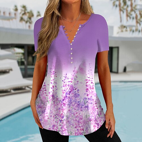 

T shirt Tee Femme Rose Claire Bleu Violet Floral Bouton Imprimer Manche Courte Vacances Fin de semaine Tuniques basique Col Rond Normal Standard Fleur Peinture S