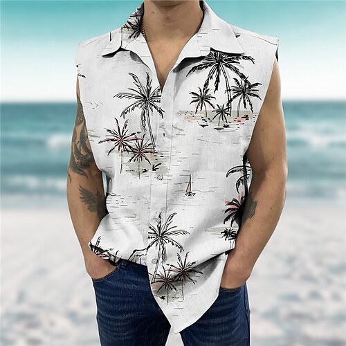 

Herren leinenhemd Hemd Hawaiihemd Sommerhemd Kokosnussbaum Grafik-Drucke Umlegekragen Weiß Fuchsie Grün Khaki Outdoor Strasse Ärmellos Bedruckt Bekleidung Leinen Modisch Strassenmode Designer