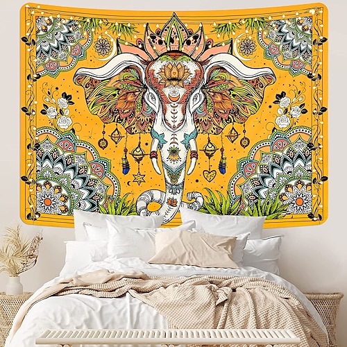 

Bohemian Elephant Tapestry Yellow Mandala Art Decor Photograph Backdrop Blanket Curtain Hanging Home Bedroom Living Room Decoration