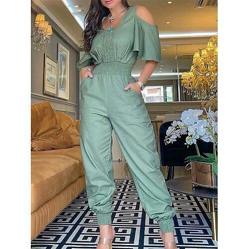 

Damen Jumpsuit Tasche Hohe Taillenlinie Feste Farbe V Ausschnitt Strassenmode Geschäftlich Strasse Täglich Regular Fit Halbe Ärmel Armeegrün S M L XL Sommer