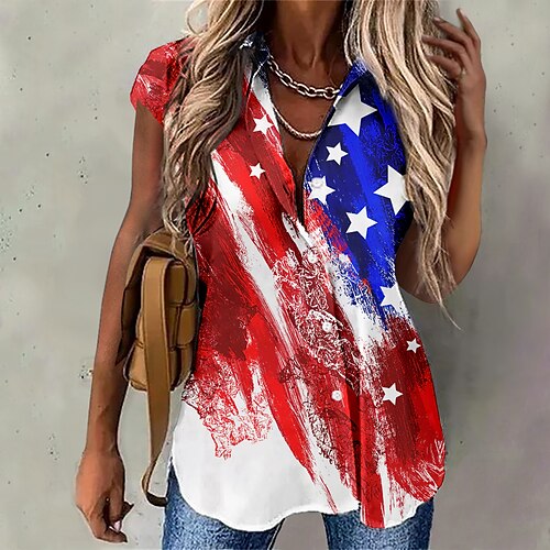 

Mujer Camisa Blusa Rojo Bandera estadounidense Botón Estampado Manga Larga Casual Día de la Independencia Básico Cuello Camisero Regular S