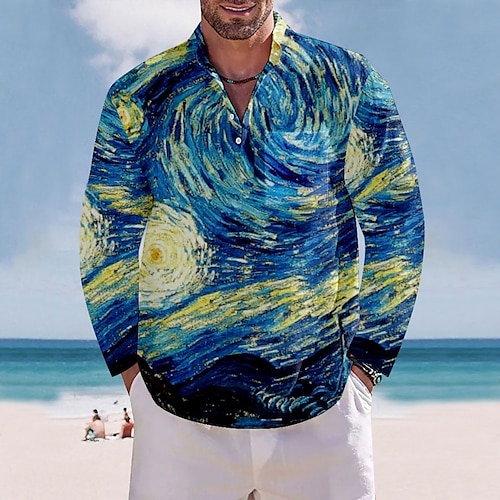 

Homens Camisa Social camisa de linho Estampas Abstratas Pintura à Óleo Colarinho Chinês Azul Ao ar livre Rua Manga Longa Imprimir Roupa Linho Moda Roupa de rua Designer Casual
