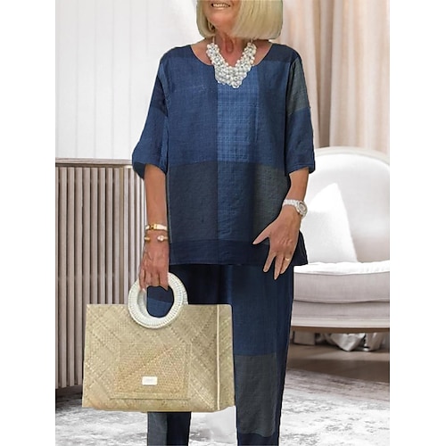 

Dame Plusstørrelser Loungewear Sæt Gitter / Plaid Enkel Afslappet Komfort Hjem Daglig Ferierejse Polyester Åndbart Rund hals Halvlange ærmer Skjorte Bukse Sommer Forår Rød Blå