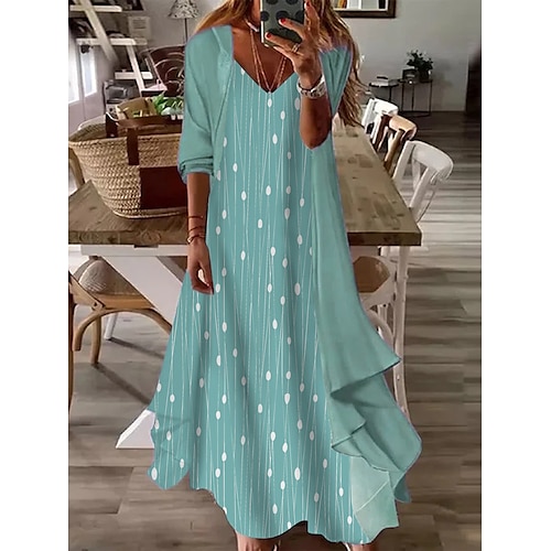 

Dame Todelt kjolesæt Hverdagskjole Print kjole udendørs Daglig Mode Moderne Trykt mønster Midikjole V-hals Halvlange ærmer Prikker Stribe Regulær Grøn Sommer Forår S M L XL XXL