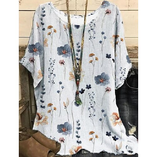 

Mujer Camisa Blusa Blanco Amarillo Rosa Floral Estampado Manga Corta Casual Festivos Básico Escote Redondo Regular Lino Flor S