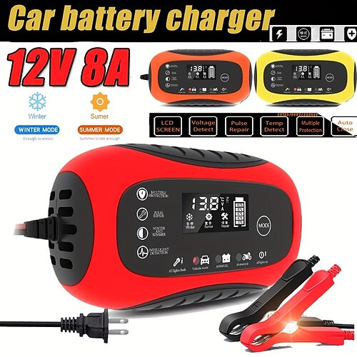 

Cargador de batería de coche 12v 8a, cargador de batería inteligente, mantenedor de batería automático de 12v para coche, camión, motocicleta, cortacésped