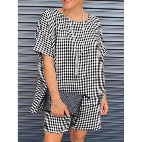 

Dame Loungewear Sæt Gitter / Plaid Mode Afslappet Komfort Gade Daglig Stævnemøde Polyester Åndbart Rund hals Halvlange ærmer T-shirt Shorts Sommer Forår Sort Navyblå