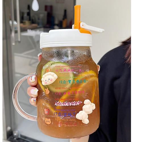 

Kleine orangefarbene Wassertasse aus Glas für Mädchen mit großem Fassungsvermögen und Teesieb im hochtemperaturbeständigen Büro mit Strohkaffee-Teetasse