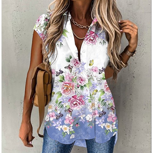 

Mulheres Camisa Social Blusa Azul Verde Cáqui Floral Botão Imprimir Manga Longa Casual Feriado Básico Colarinho de Camisa Padrão Tema Flores S