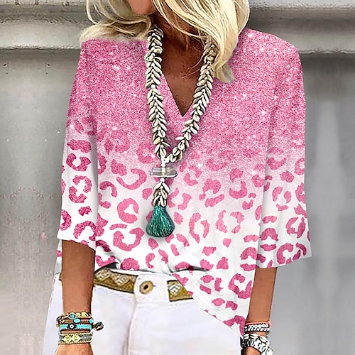 

Women's Shirt Blouse Leopard Print Casual Basic Neon & Bright 3/4 Length Sleeve V Neck Pink
