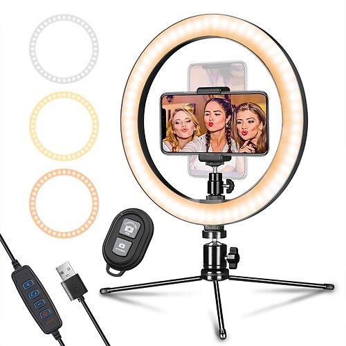 

ringlys 6/8/10'' selfie-ringlys med stativ og telefonholder bordringlys med dimbare 3 lysfarger 10 lysstyrkenivåer for telefon video tiktok live streaming makeup