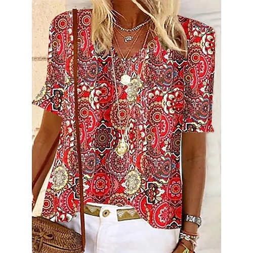 

T shirt Tee Femme Rouge Graphic Imprimer Manche Courte du quotidien Fin de semaine basique Col V Normal Standard Peinture S