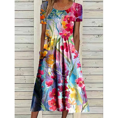 

Women's Casual Dress Summer Dress Print Dress Floral Pocket Print Crew Neck Midi Dress Fashion Streetwear Outdoor Daily Short Sleeve Loose Fit Pink Red Green Summer Spring S M L XL XXL