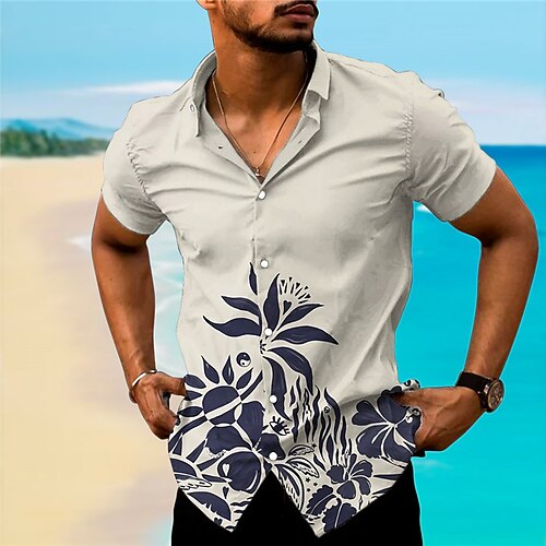 

Hombre Camisa camisa hawaiana Floral Estampados Cuello Vuelto Caqui Gris Exterior Calle Mangas cortas Estampado Ropa Moda Ropa de calle Design Casual