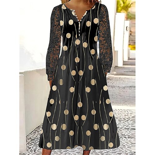 

Dame Uformell kjole Blonde kjole Kjole med A-linje Polkadotter Blonde Rynket V-hals Blondearm Midikjole Mote Elegant utendørs Gate Langermet Normal Svart Sommer Vår S M L XL XXL