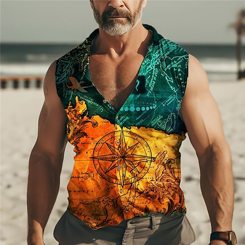 

Hombre Camisa camisa de lino Estampados Cosecha Brújula Cuello Vuelto Azul Piscina Exterior Calle Sin Mangas Estampado Ropa Lino Moda Ropa de calle Design Casual