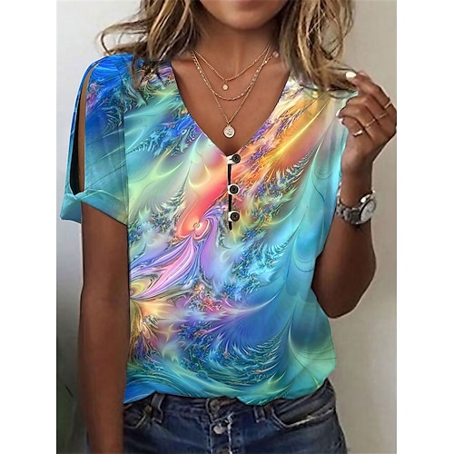 

Women's T shirt Tee Blue Purple Green Graphic Button Cut Out Short Sleeve Daily Weekend Basic V Neck Abstract Painting