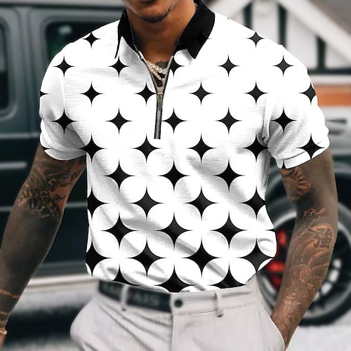 

Herre Zip Polo Lapel Polo POLO T-skjorte Golf skjorte Grafiske trykk Geometri Aftæpning Hvit Gul Rød Blå Grønn utendørs Gate Kort Erme Glidelås Trykt mønster Klær Mote Designer Fritid Pustende