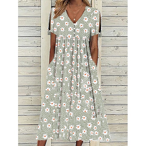 

Women's Floral Button Pocket V Neck Midi Dress Date Vacation Short Sleeve Summer Spring